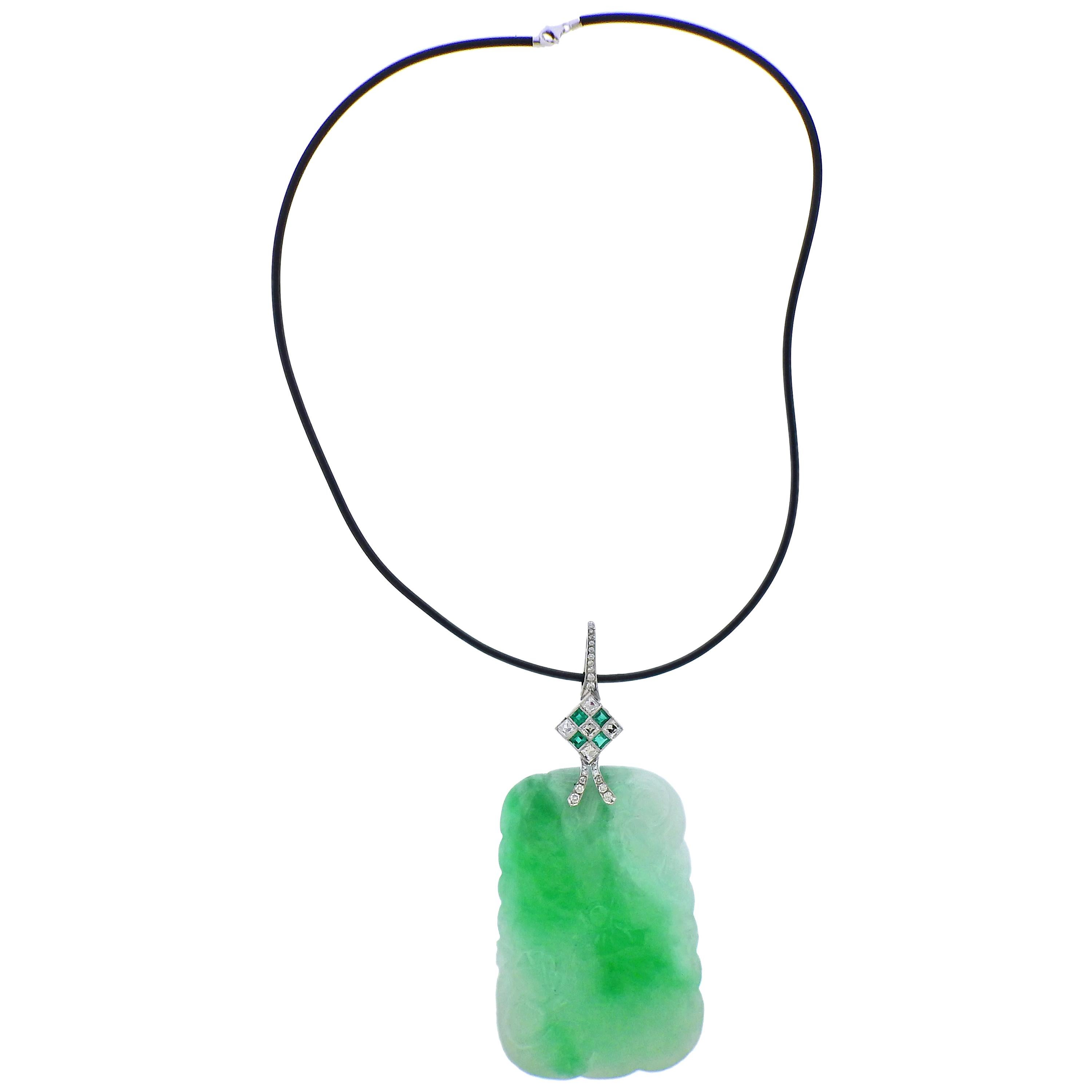 Carved Jade Diamond Emerald Gold Pendant Necklace For Sale