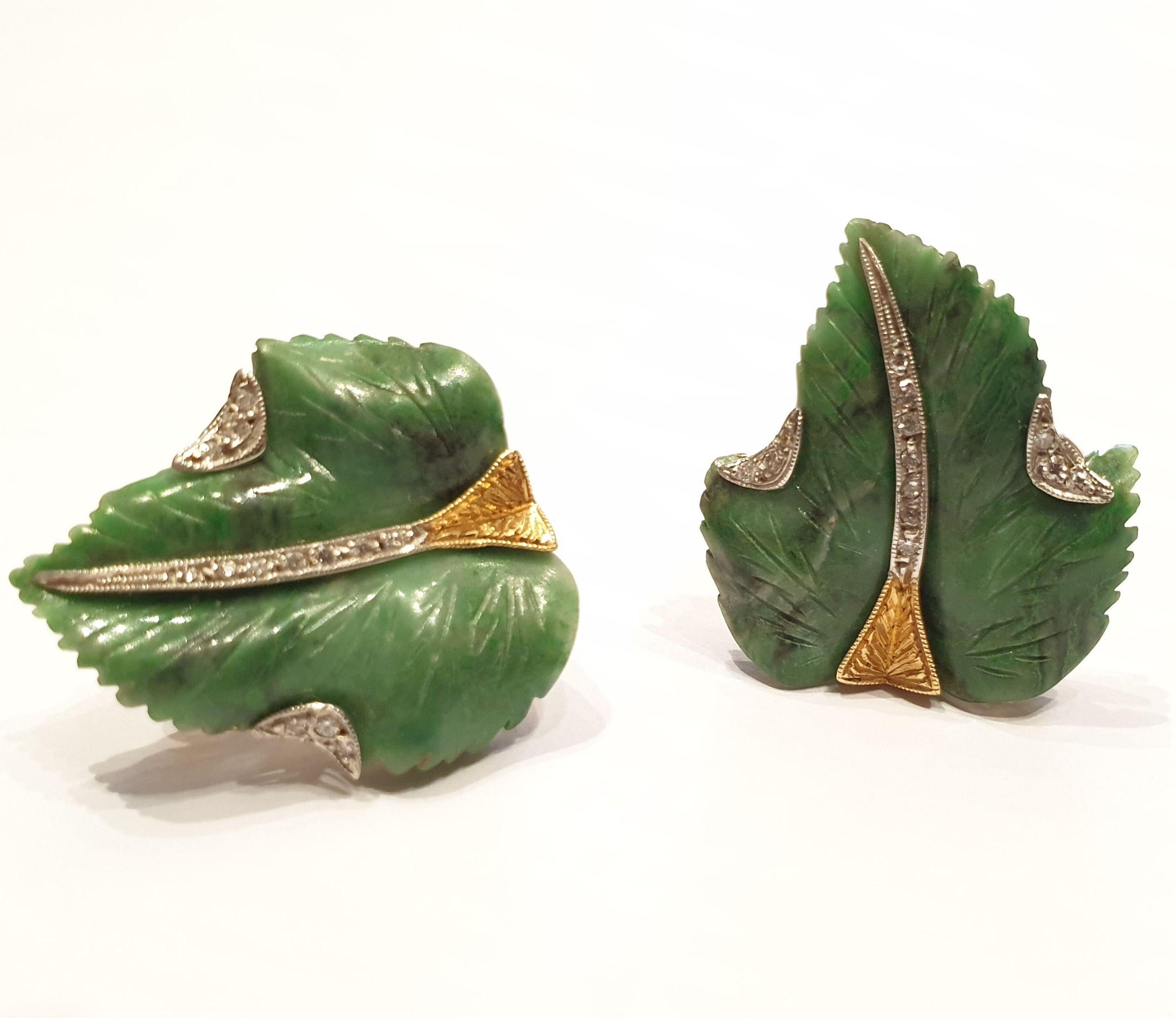 Brilliant Cut Carved Jade Diamond Gold Leaf Earrings For Sale