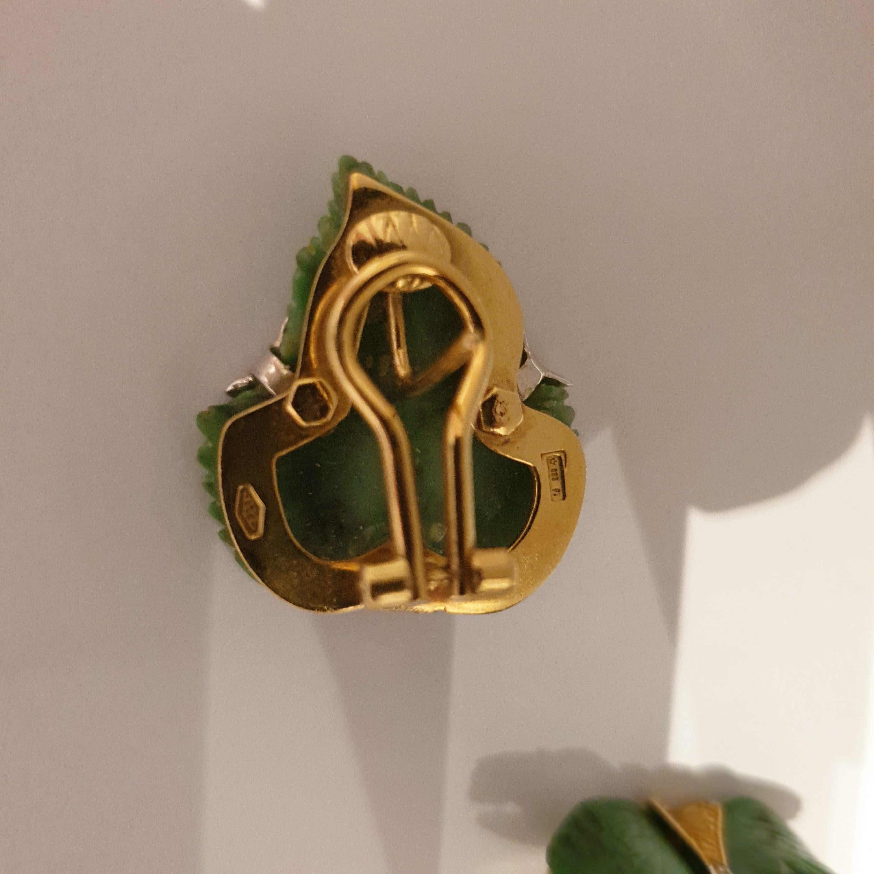 Carved Jade Diamond Gold Leaf Earrings For Sale 1