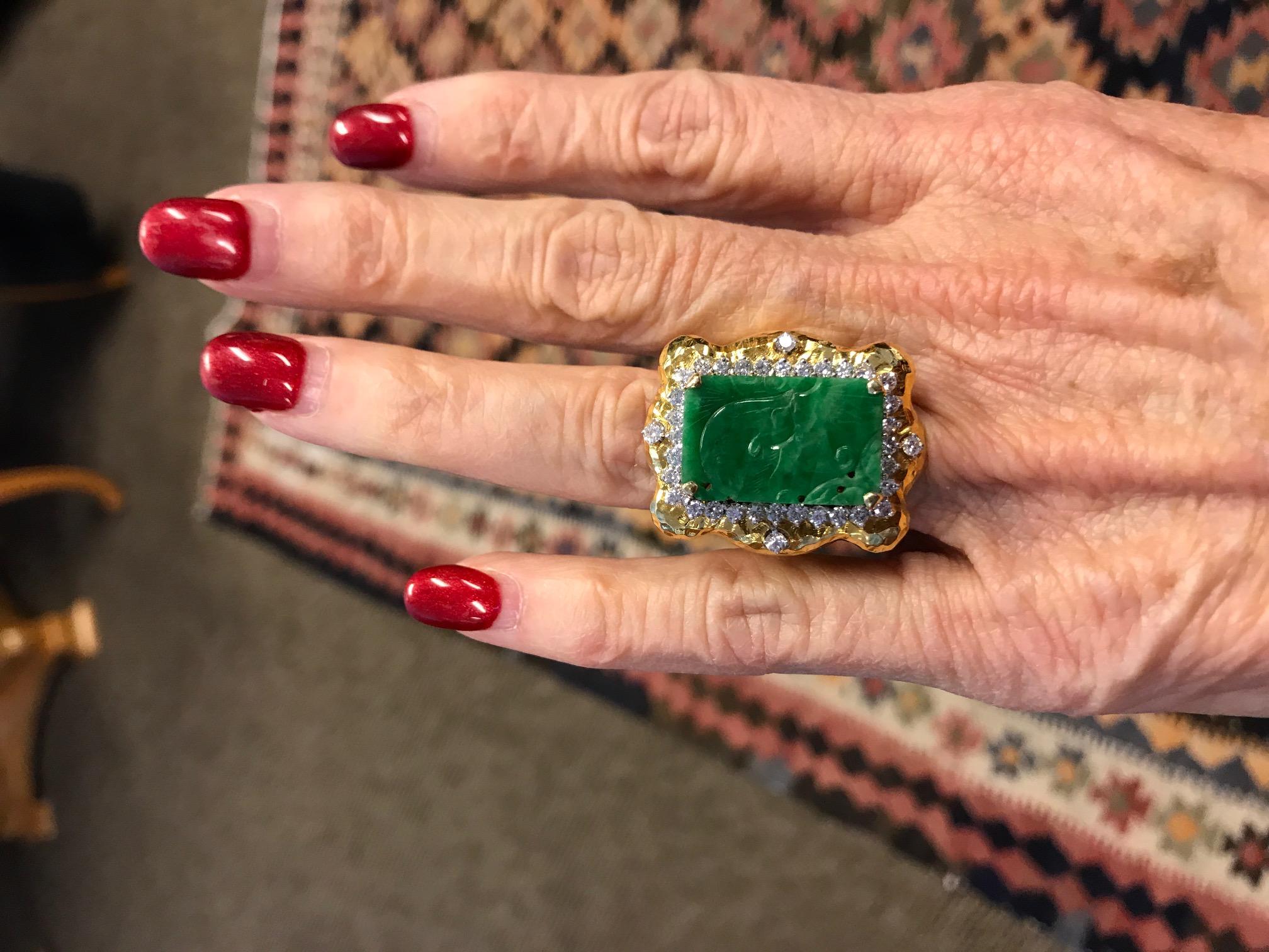 Carved Jade  Diamond Gold Ring 1