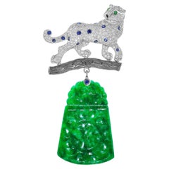 Carved Jade Diamond Multi Gemstones Panther Brooch in 14K White Gold