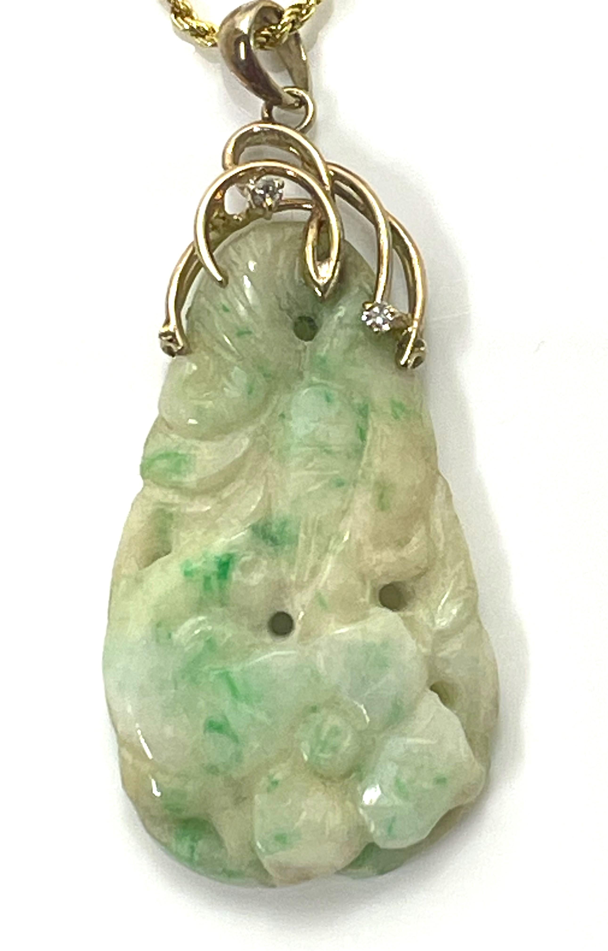 Round Cut Carved Jade & Diamond Necklace For Sale