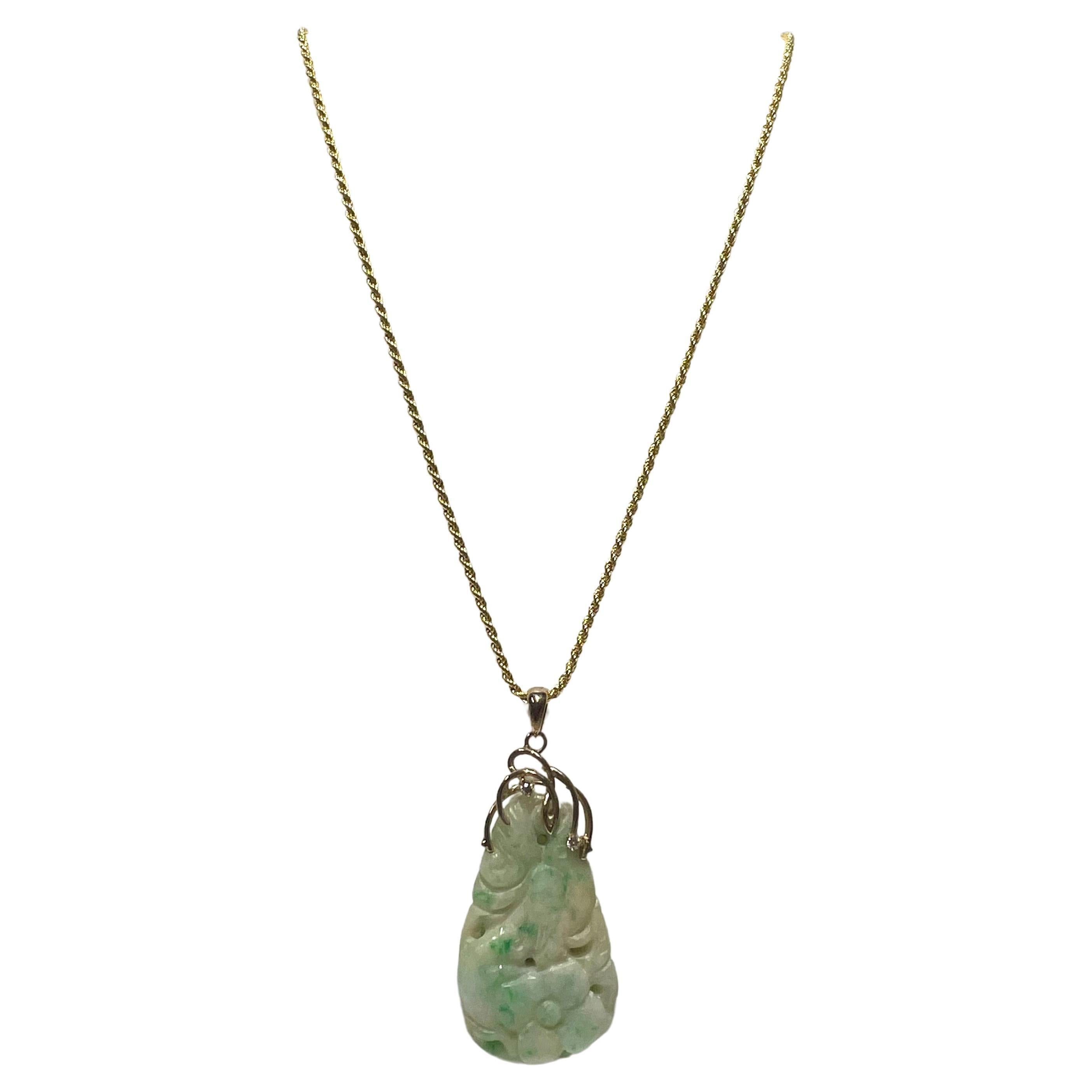 Carved Jade & Diamond Necklace For Sale