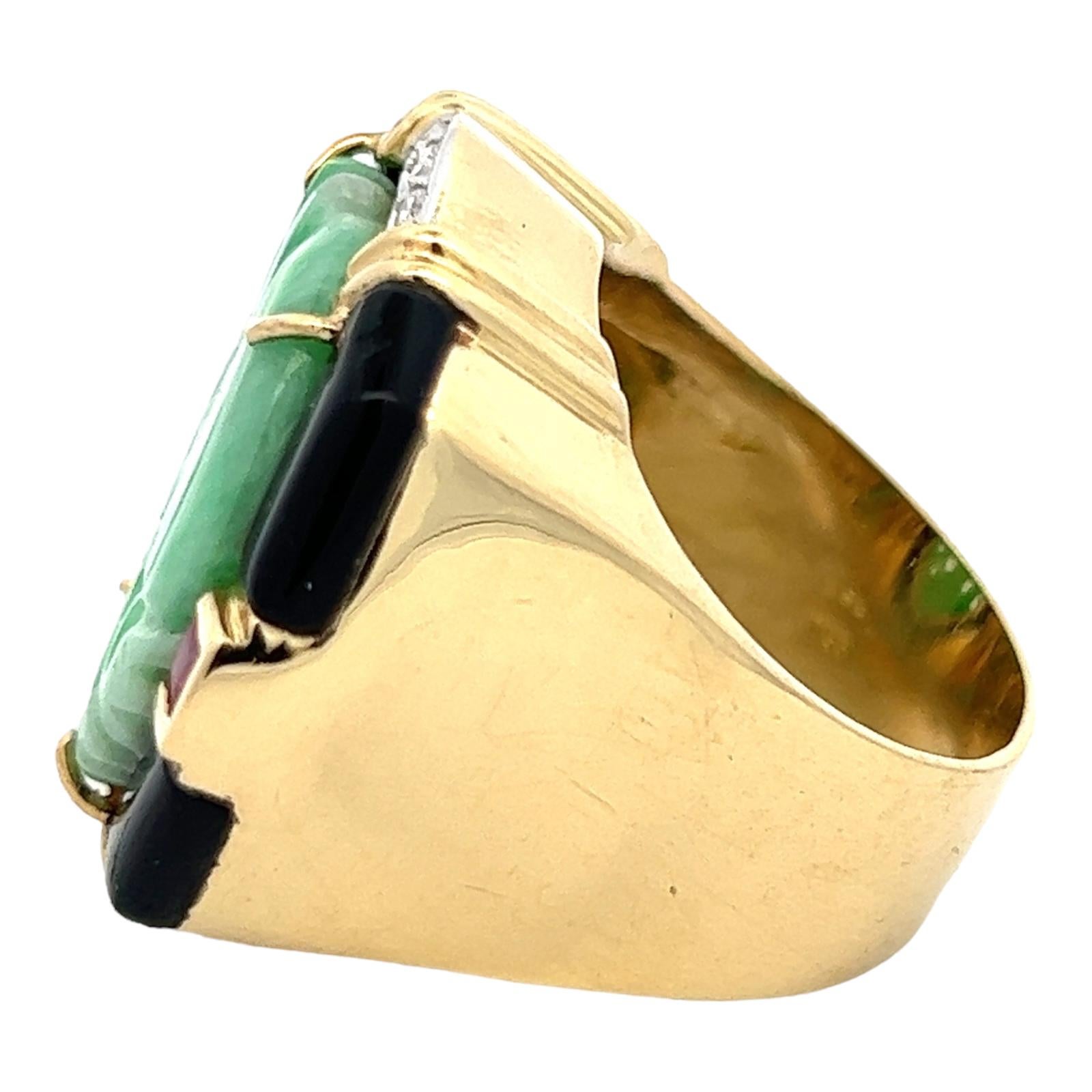 Contemporary Carved Jade Diamond Onyx Ruby 18 Karat Yellow Gold Estate Cocktail Ring 