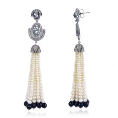 Carved Jade Diamond Pearl Tassel Earrings