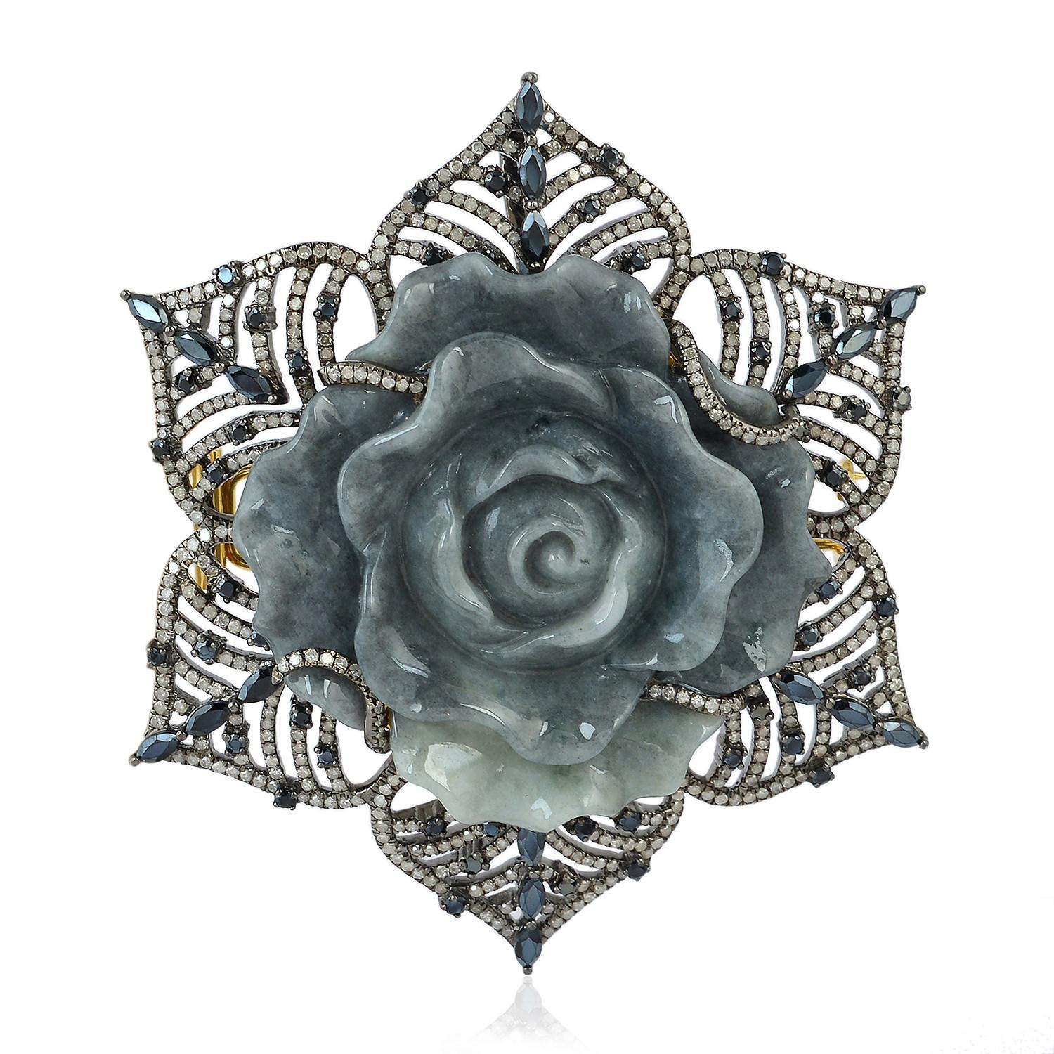 Mixed Cut Carved Jade Diamond Rose Brooch For Sale