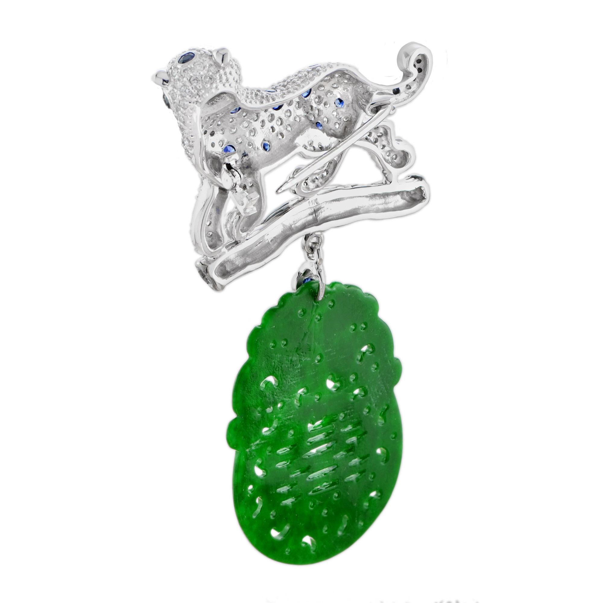 Carved Jade Diamond Sapphire Onyx Panther Brooch in 14k White Gold 2
