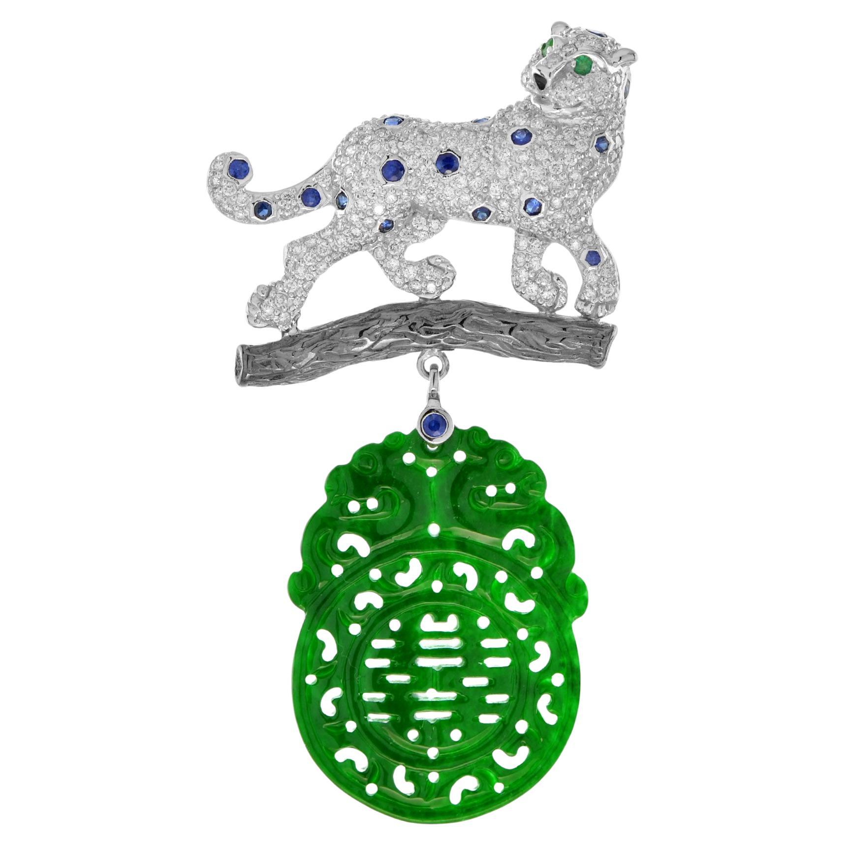 Carved Jade Diamond Sapphire Onyx Panther Brooch in 14k White Gold