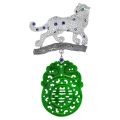 Carved Jade Diamond Sapphire Onyx Panther Brooch in 14k White Gold