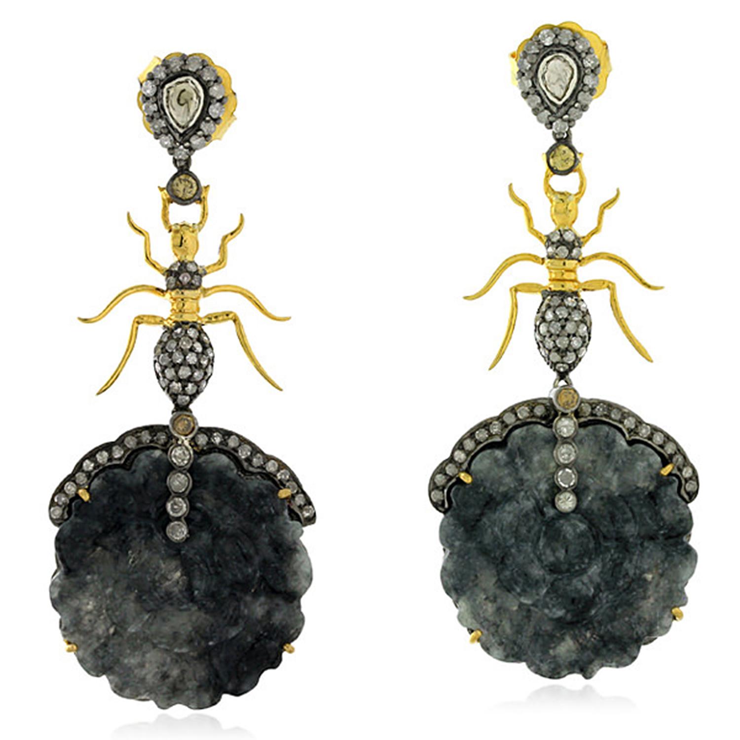 Contemporary Carved Jade Diamond Spider Earrings For Sale