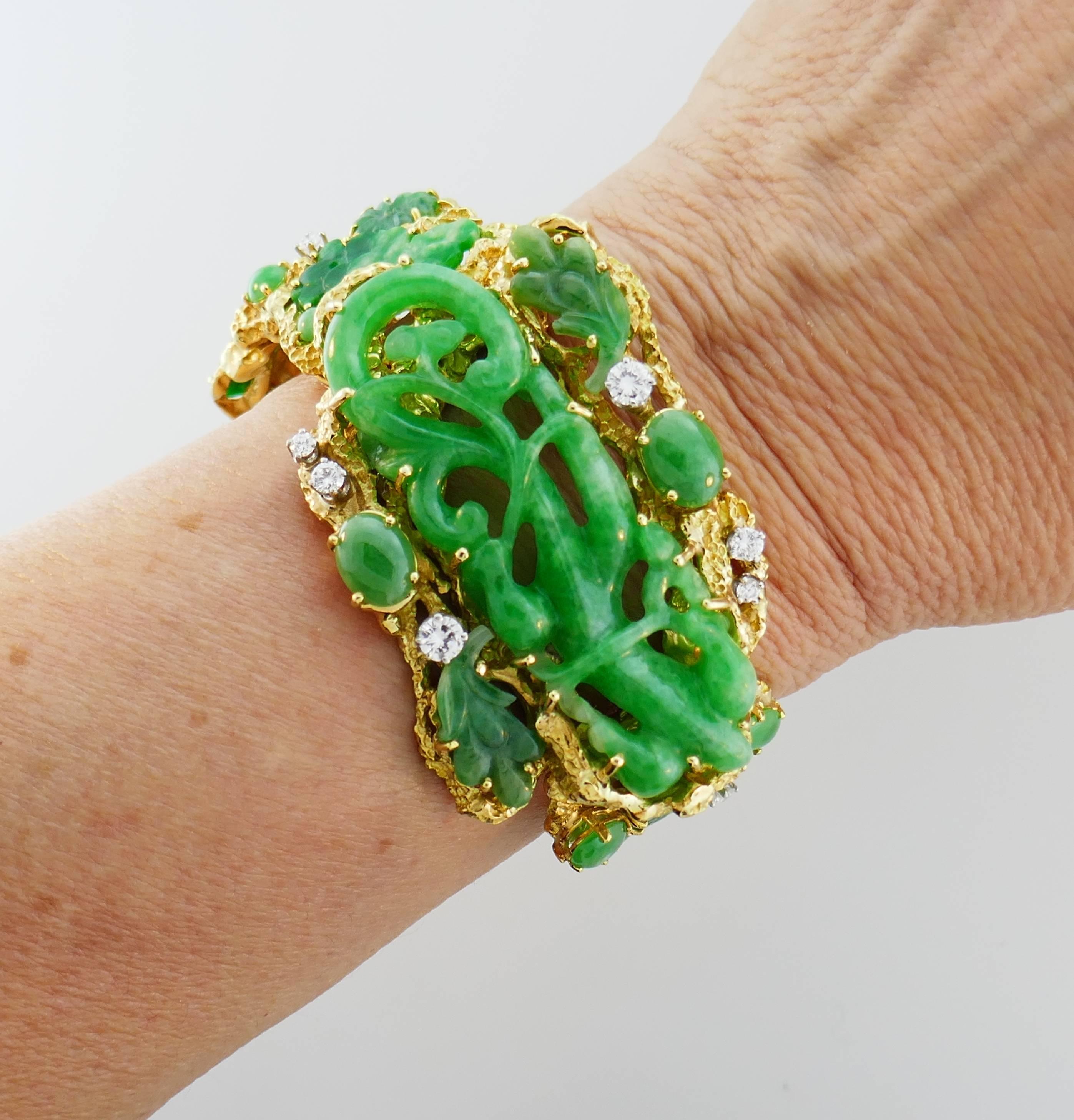 Whimsical, colorful bracelet that is a great addition to your jewelry collection. 
Made of 18 karat (tested) yellow gold, beautifully carved jadeite and accented with eleven round full-cut diamonds (G-H color, VS clarity, total weight approximately