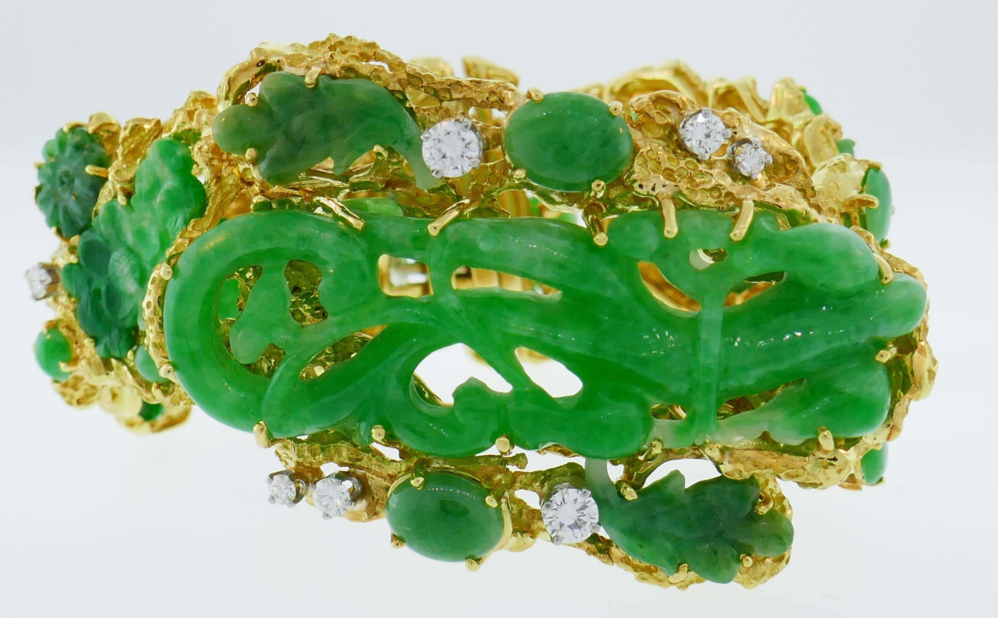Women's Carved Jadeite Diamond Yellow Gold Bracelet, 1970s