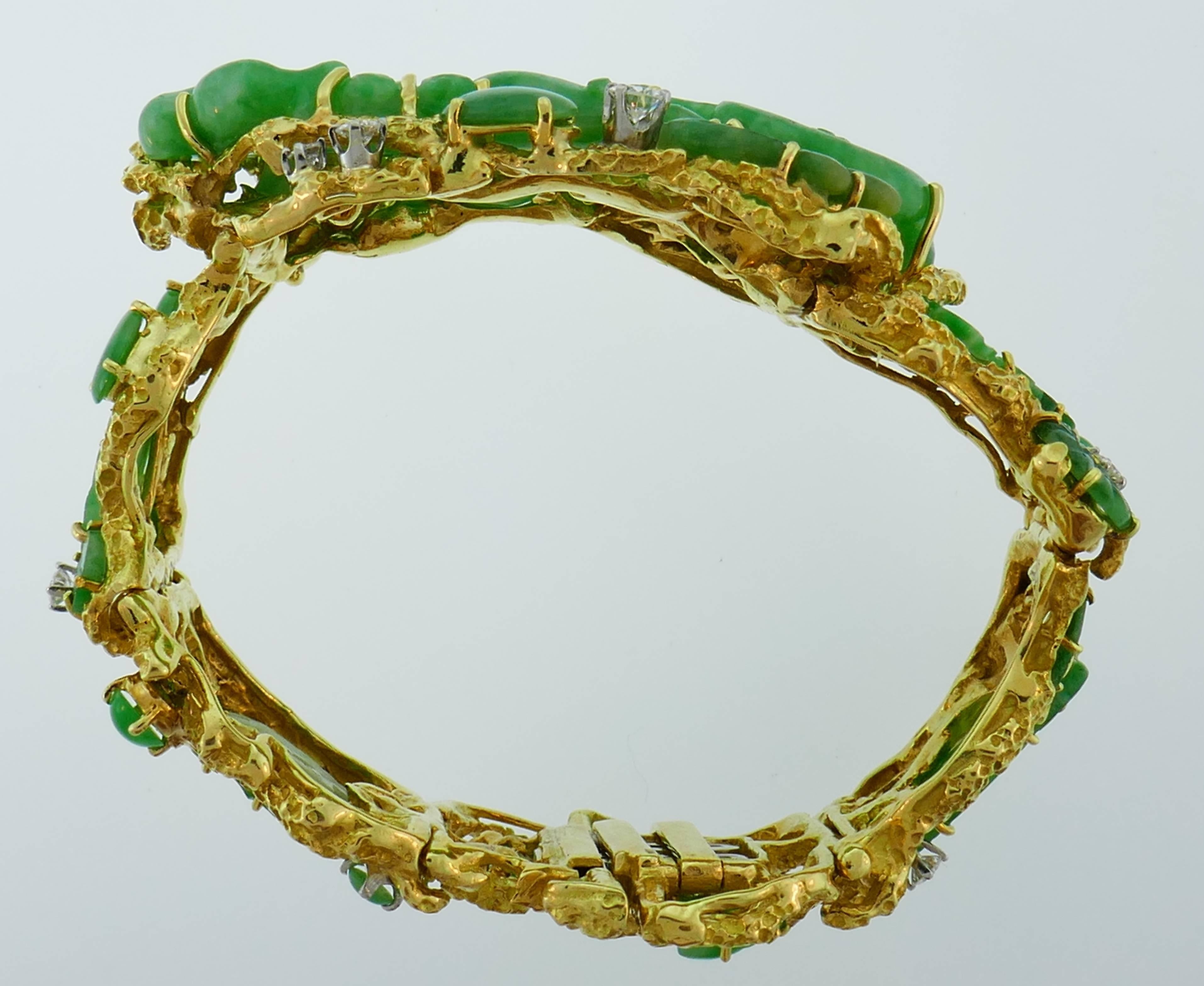 Carved Jadeite Diamond Yellow Gold Bracelet, 1970s 4