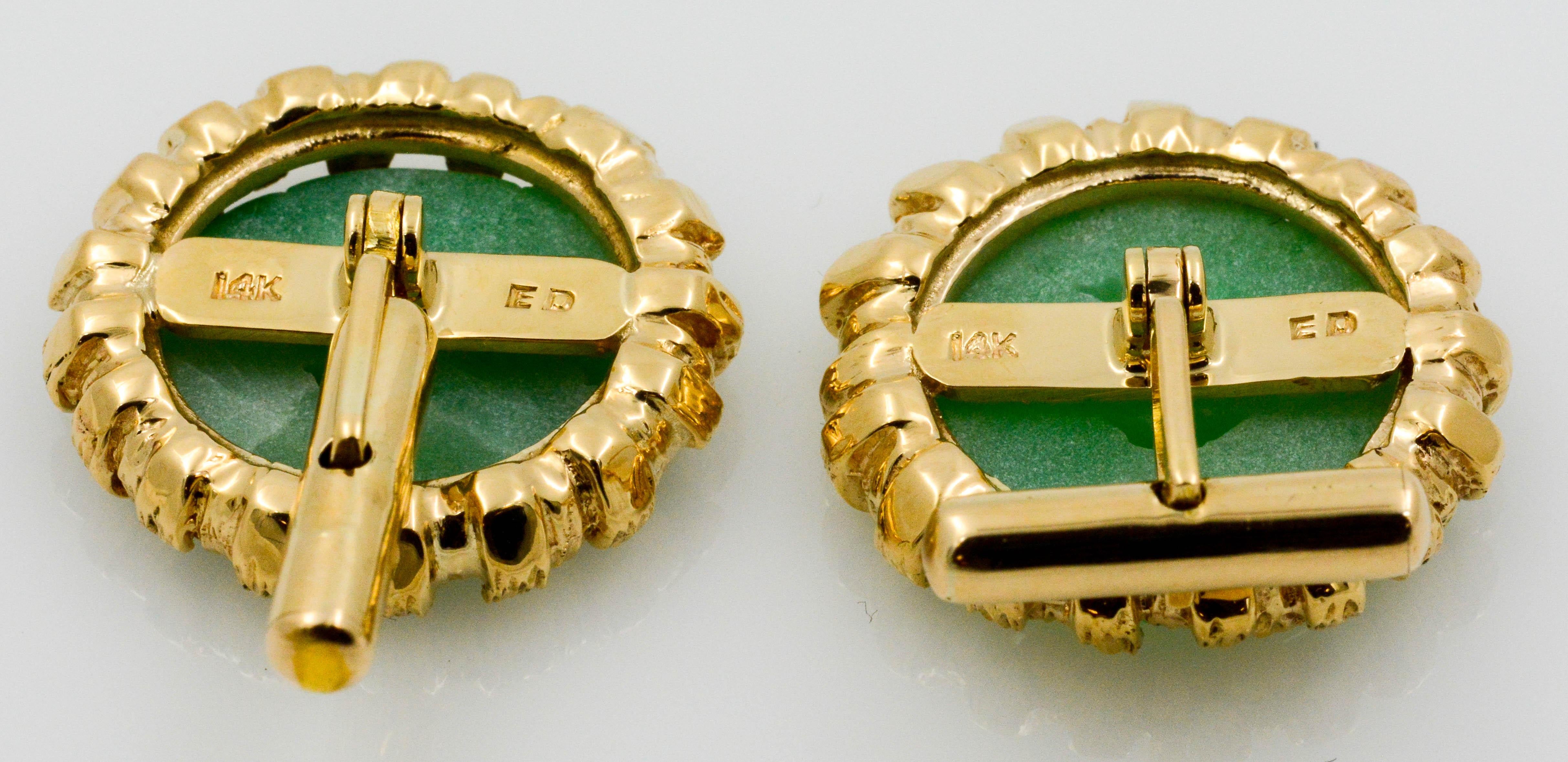 Men's Carved Jade and 14 Karat Yellow Gold Cufflinks