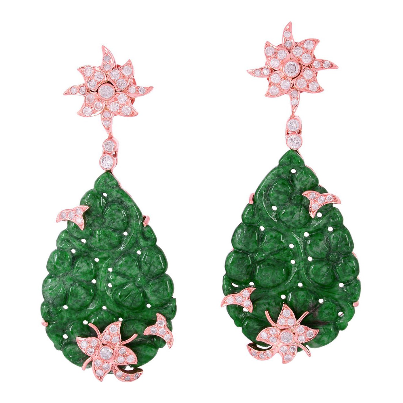 Boucles d
oreilles en jade sculpté à motif de fleurs avec diamants, en or rose 18 carats