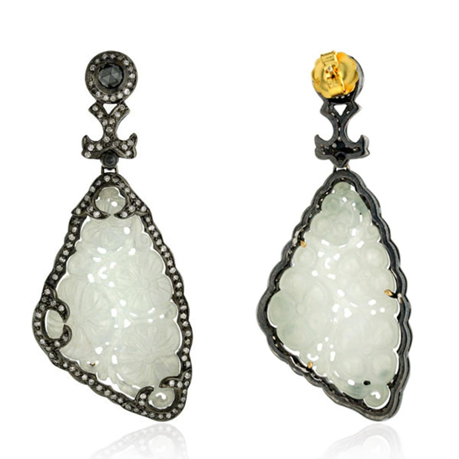 Art Deco Carved Jade Earring Surrounded by Pave Diamonds Made in 18k Yellow Gold & Silver For Sale