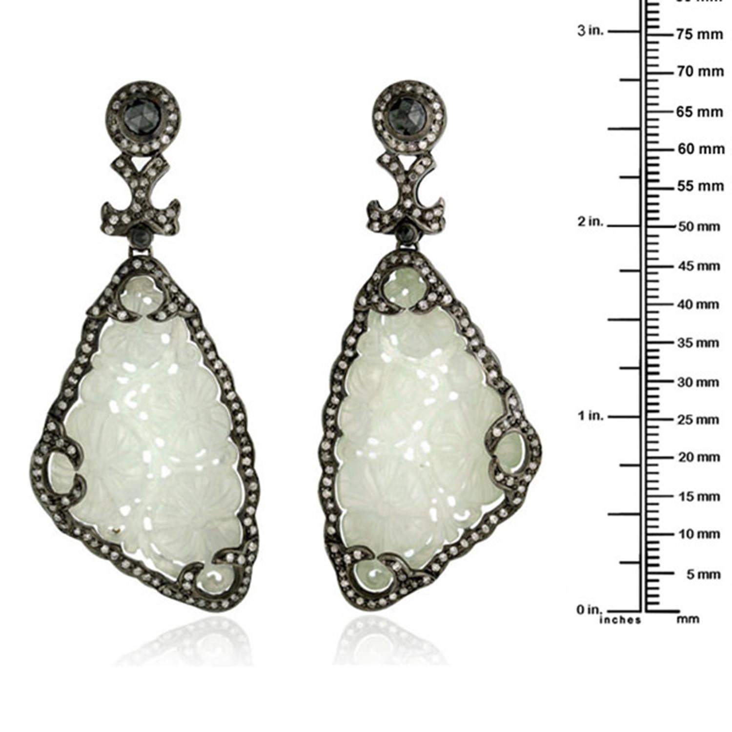 Mixed Cut Carved Jade Earring Surrounded by Pave Diamonds Made in 18k Yellow Gold & Silver For Sale
