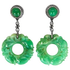 Vintage Carved Jade Earrings Silver