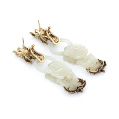 Carved Jade Earrings Vintage 14 Karat Yellow Gold Long Drops-Leaf Motif Jewelry