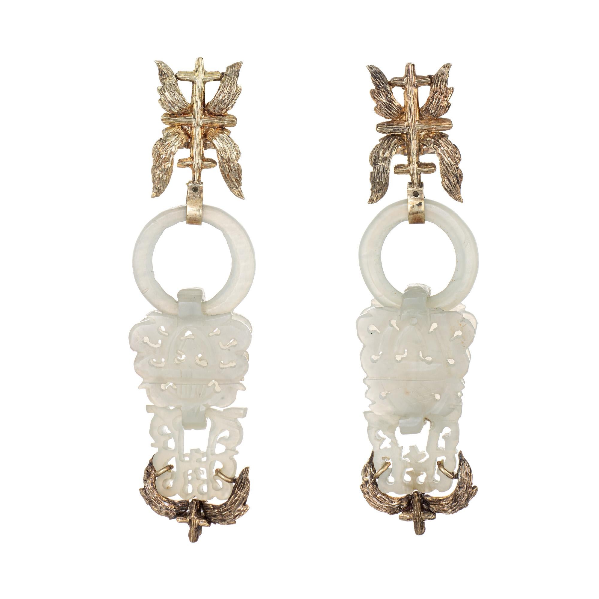Cabochon Carved Jade Earrings Vintage 14 Karat Yellow Gold Long Drops-Leaf Motif Jewelry