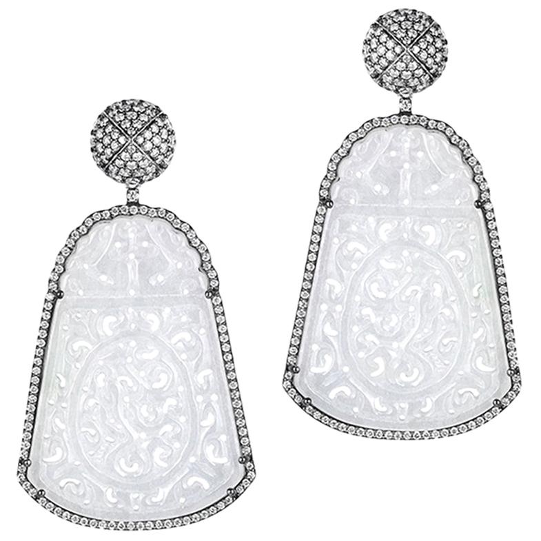 Goshwara Carved Jade And Diamond Earrings For Sale