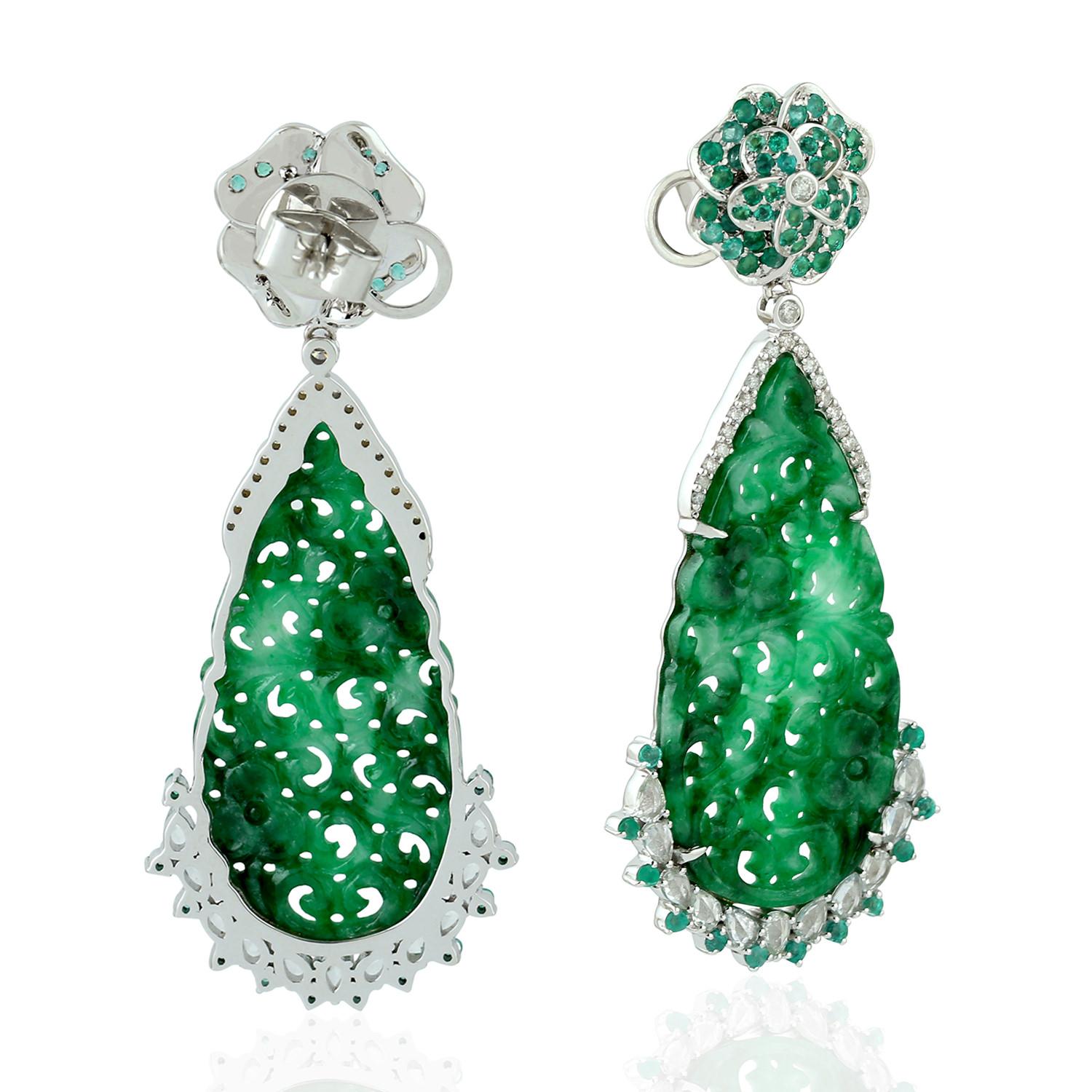Artisan Carved Jade Emerald 18 Karat Gold Blossom Diamond Earrings For Sale