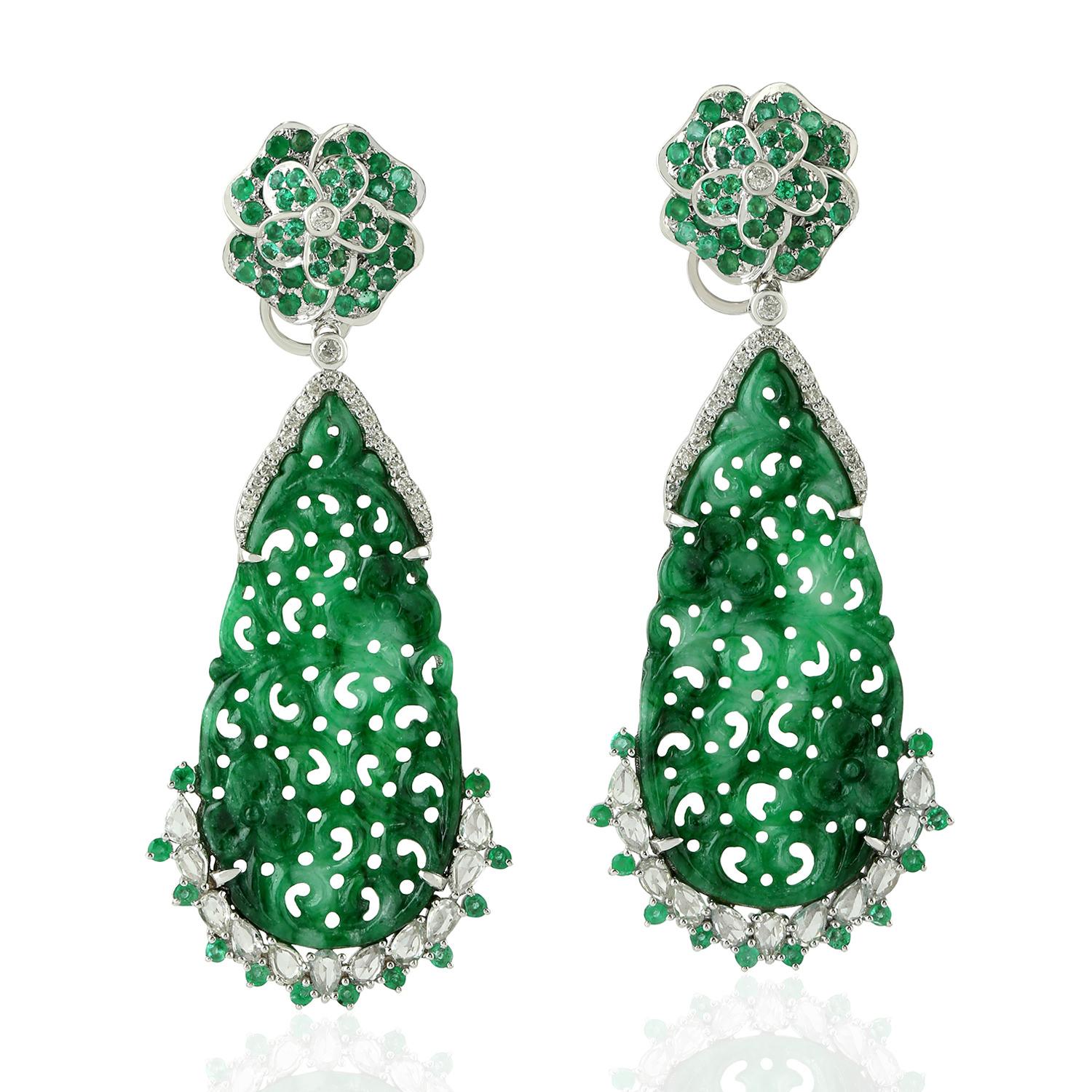 Mixed Cut Carved Jade Emerald 18 Karat Gold Blossom Diamond Earrings For Sale