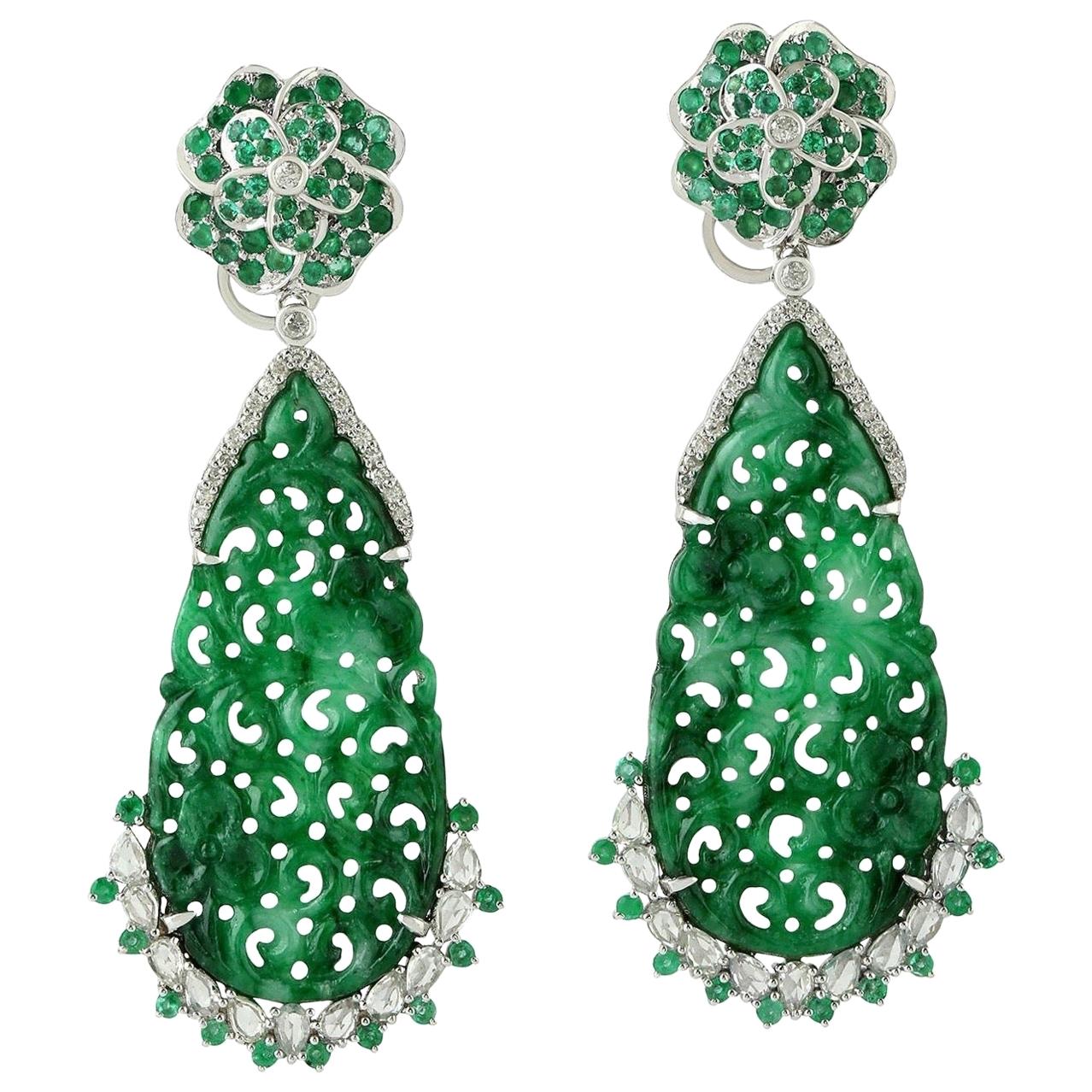 Carved Jade Emerald 18 Karat Gold Blossom Diamond Earrings