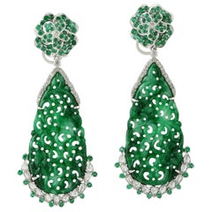 Carved Jade Emerald 18 Karat Gold Blossom Diamond Earrings