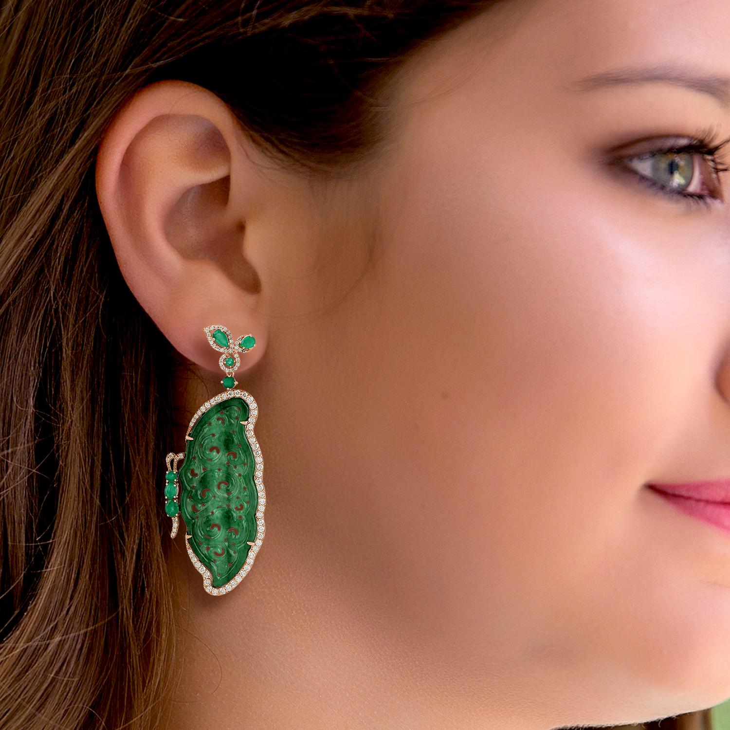 These stunning hand carved Jade earrings are crafted in 18-karat white gold. It is set in 28.58 carats Jade. 1.82 carats emerald and 1.85 carats of sparkling diamonds.

FOLLOW  MEGHNA JEWELS storefront to view the latest collection & exclusive