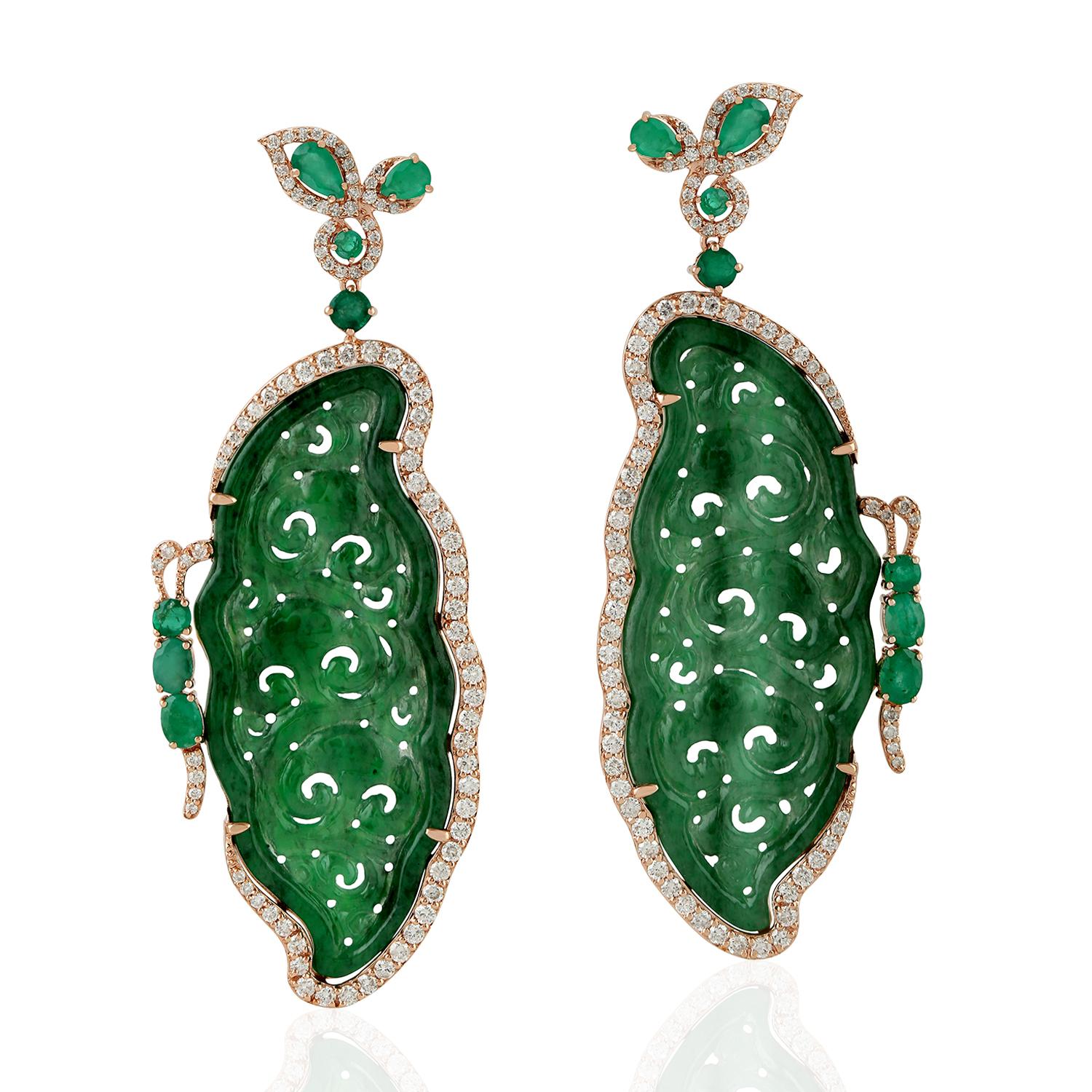Modern Carved Jade Emerald 18 Karat Gold Butterfly Diamond Earrings For Sale