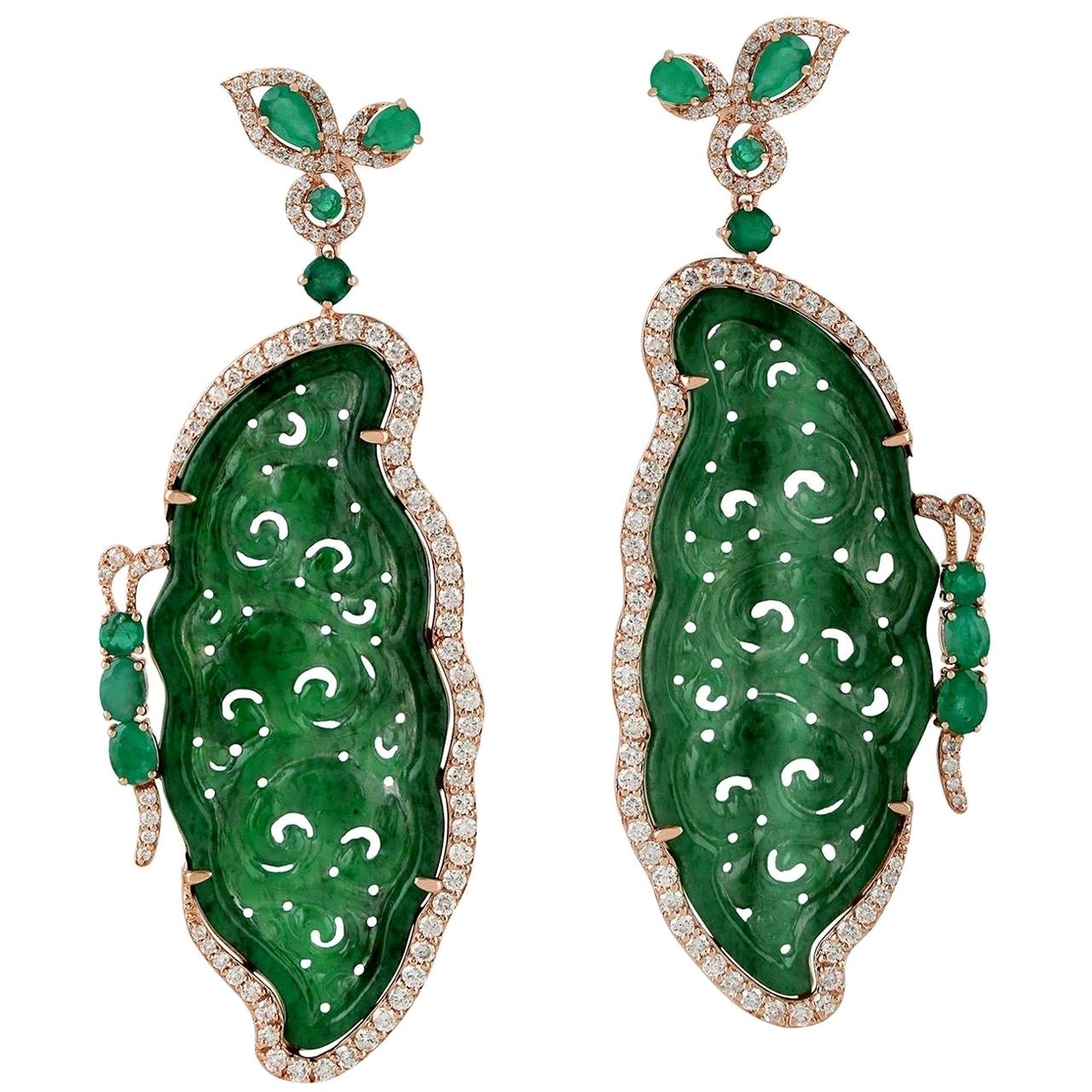 Carved Jade Emerald 18 Karat Gold Butterfly Diamond Earrings For Sale