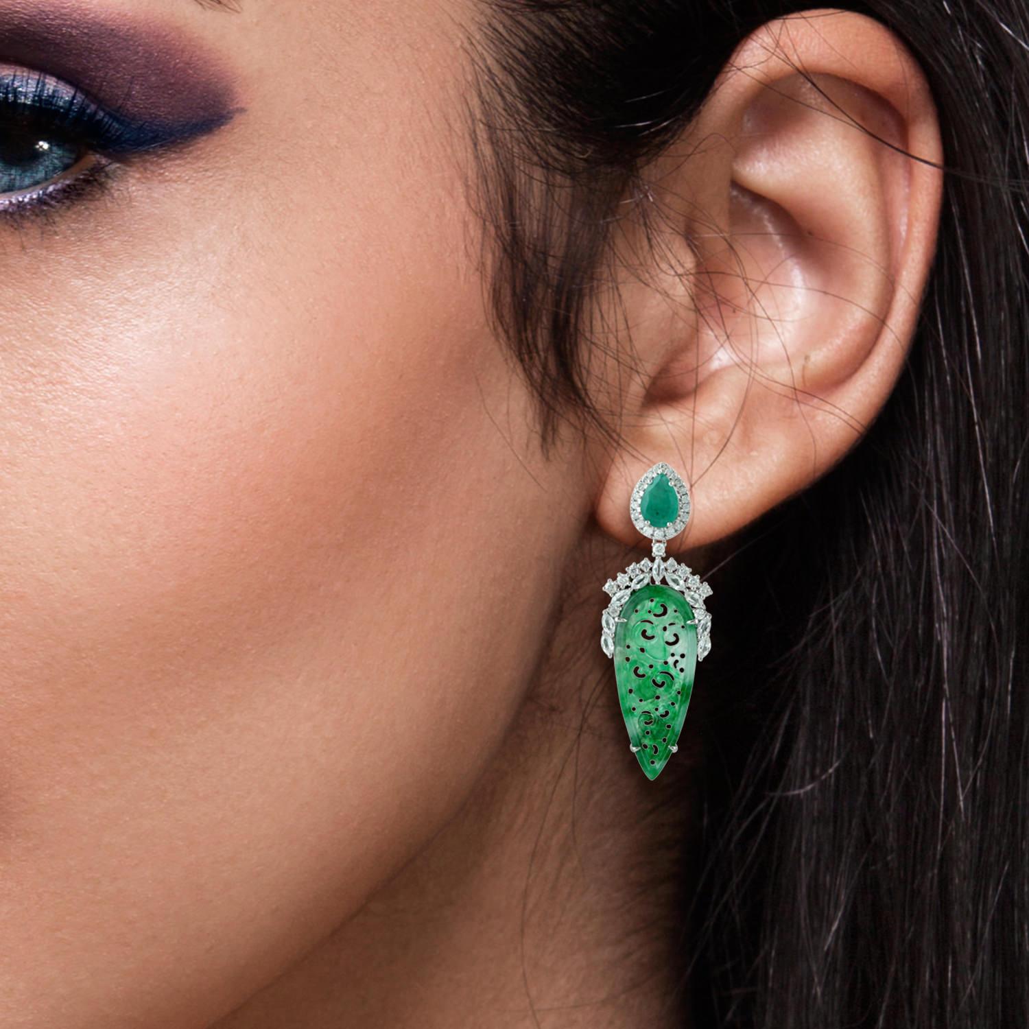 These stunning hand carved Jade earrings are thoughtfully and meticulously crafted in 18-karat white gold. It is set in 8.13 carats Jade, 1.38 carats emerald, .79 carats sapphire and .57 carats of sparkling diamonds.

FOLLOW  MEGHNA JEWELS