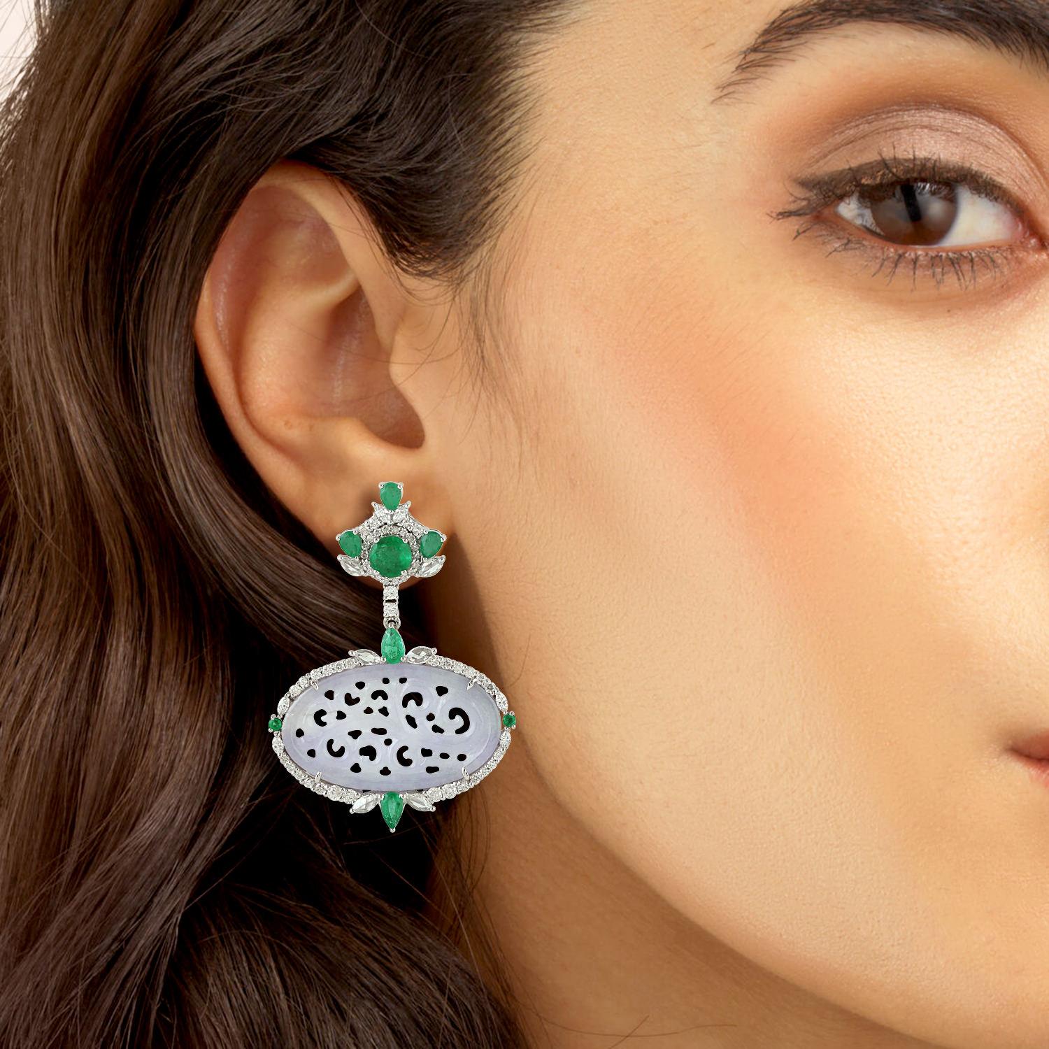These stunning hand carved Jade earrings are crafted in 18-karat gold. It is set in 14.99 carats Jade, 3.03 carats emerald and 2.44 carats of sparkling diamonds.

FOLLOW  MEGHNA JEWELS storefront to view the latest collection & exclusive pieces. 