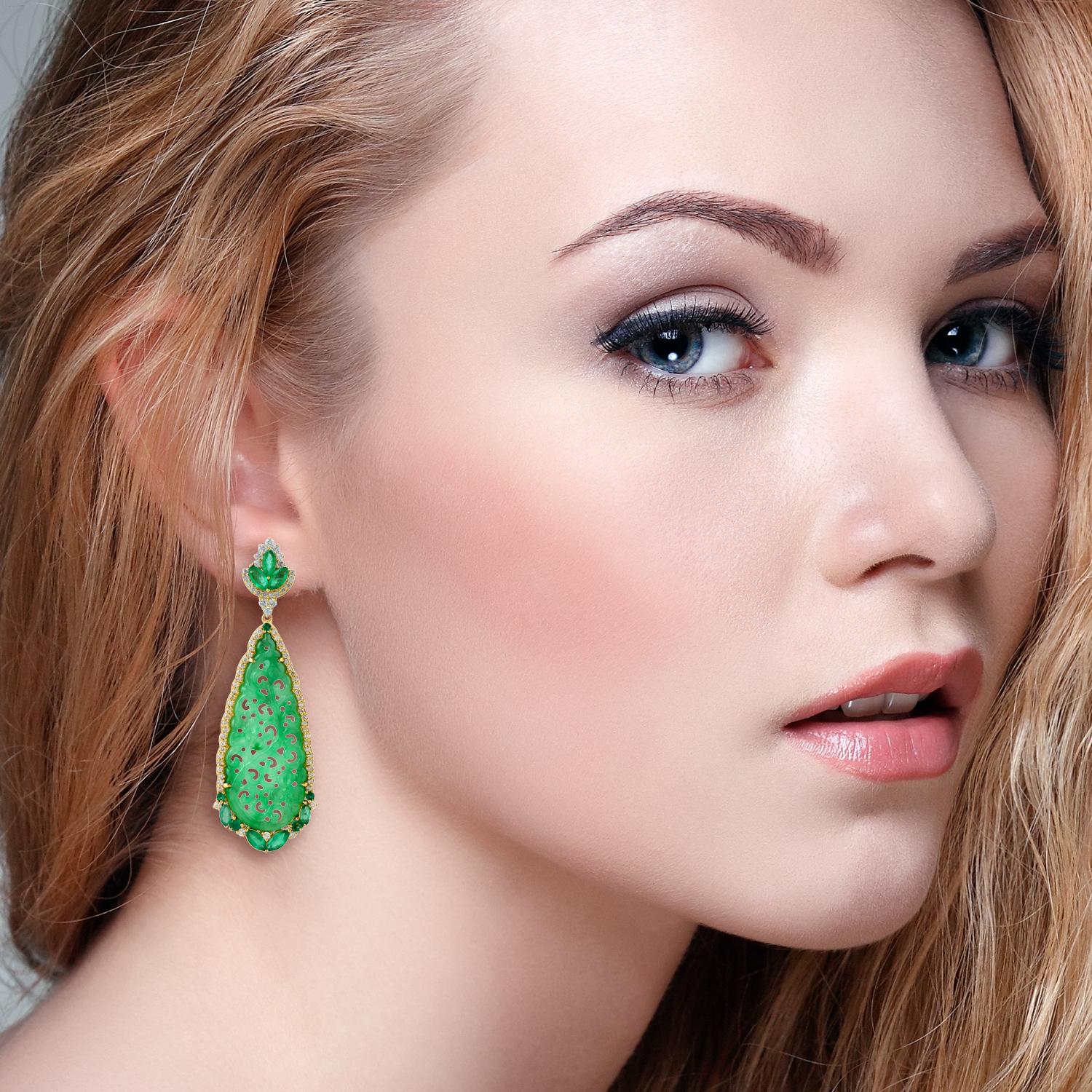 These stunning hand carved Jade earrings are thoughtfully and meticulously crafted in 18-karat gold. It is set in 14.42 carats Jade, 2.01 carats emerald and 1.14 carats of diamonds.

FOLLOW  MEGHNA JEWELS storefront to view the latest collection &