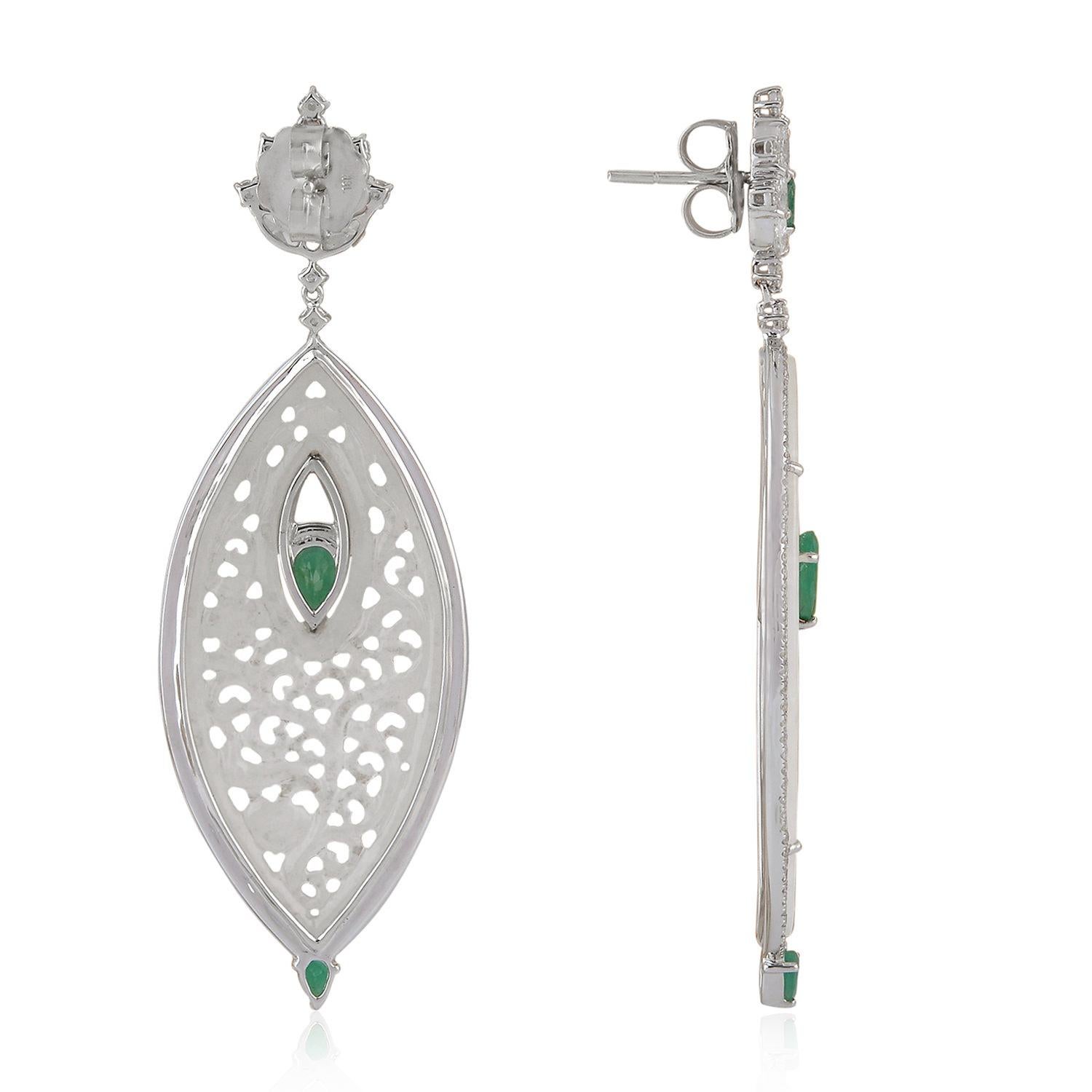 These stunning hand carved Jade earrings are thoughtfully and meticulously crafted in 18-karat white gold. It is set in 26.04 carats Jade, 1.99 carats emerald and 2.79 carats of sparkling diamonds.

FOLLOW  MEGHNA JEWELS storefront to view the