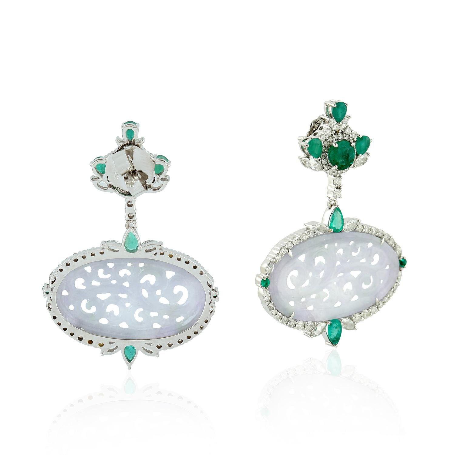 Artisan Carved Jade Emerald 18 Karat Gold Diamond Earrings For Sale