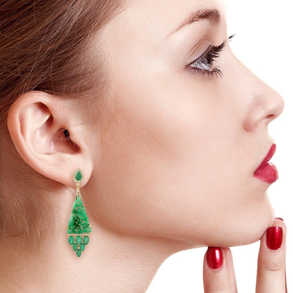 Contemporary Carved Jade Emerald 18 Karat Gold Diamond Earrings