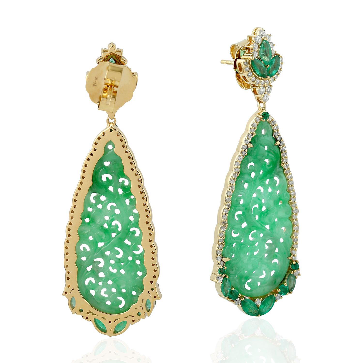 Artisan Carved Jade Emerald 18 Karat Gold Diamond Earrings For Sale