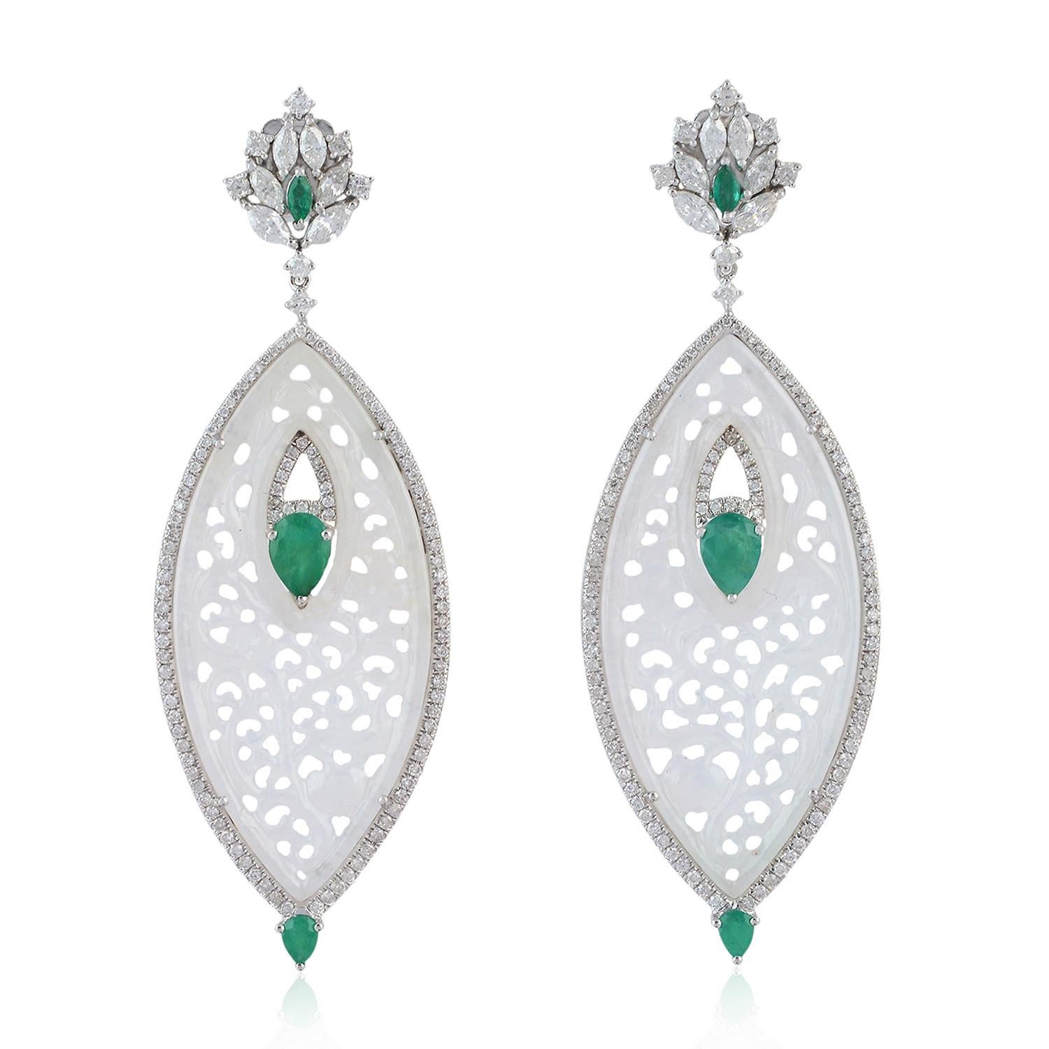 Artisan Carved Jade Emerald 18 Karat Gold Diamond Earrings For Sale