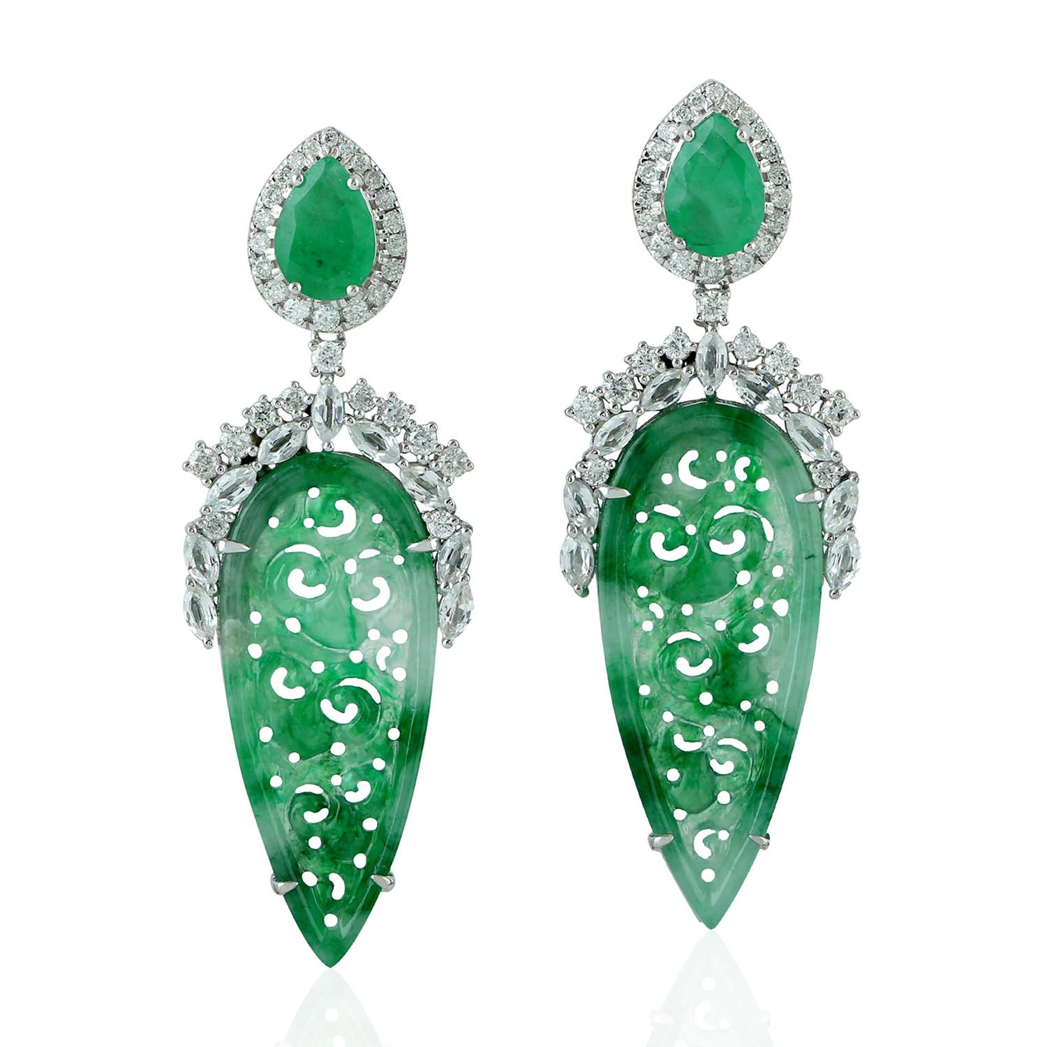 Artisan Carved Jade Emerald 18 Karat Gold Diamond Earrings For Sale