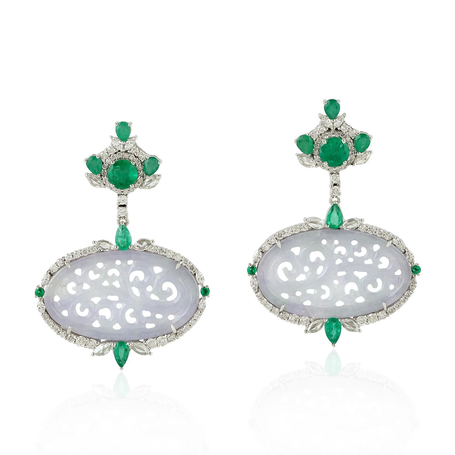 Mixed Cut Carved Jade Emerald 18 Karat Gold Diamond Earrings For Sale