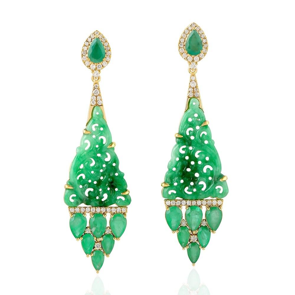 Mixed Cut Carved Jade Emerald 18 Karat Gold Diamond Earrings