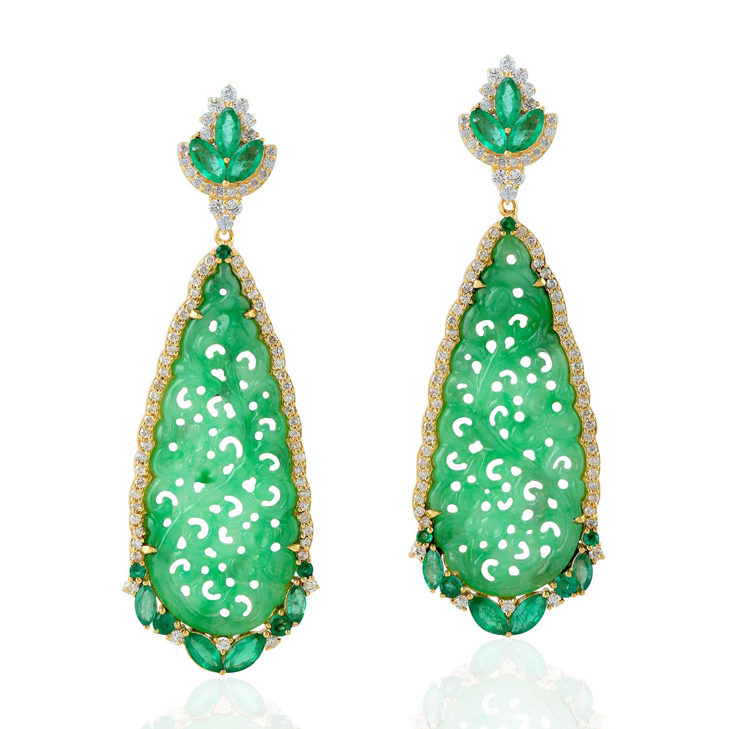 Single Cut Carved Jade Emerald 18 Karat Gold Diamond Earrings For Sale