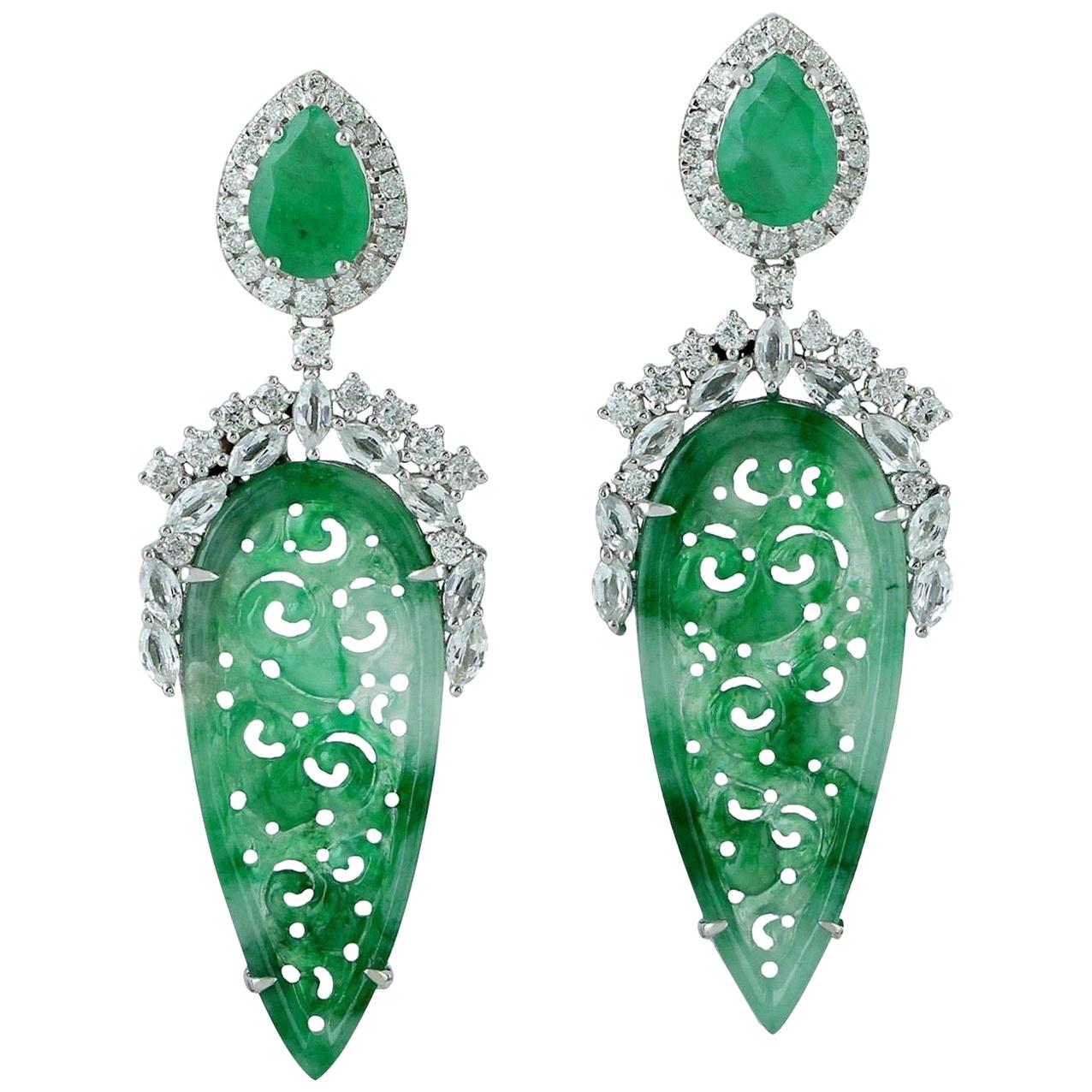 Carved Jade Emerald 18 Karat Gold Diamond Earrings For Sale