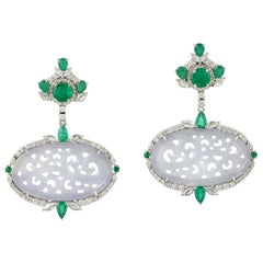 Carved Jade Emerald 18 Karat Gold Diamond Earrings