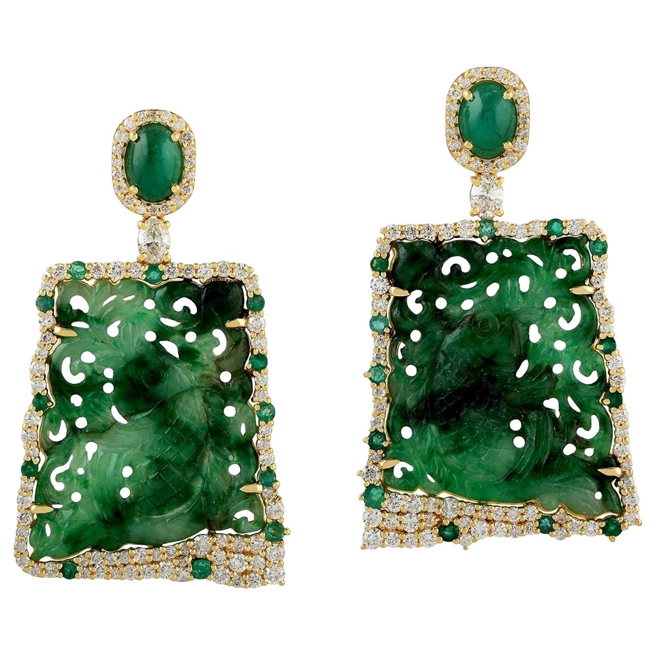 Carved Jade Emerald 18 Karat Gold Diamond Earrings For Sale