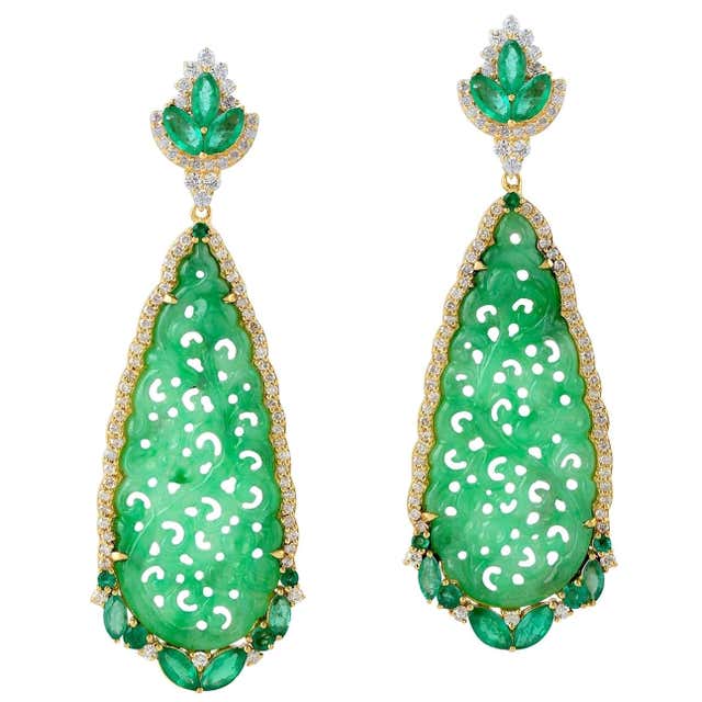 Carved Jade Emerald 18 Karat Gold Diamond Earrings For Sale at 1stDibs