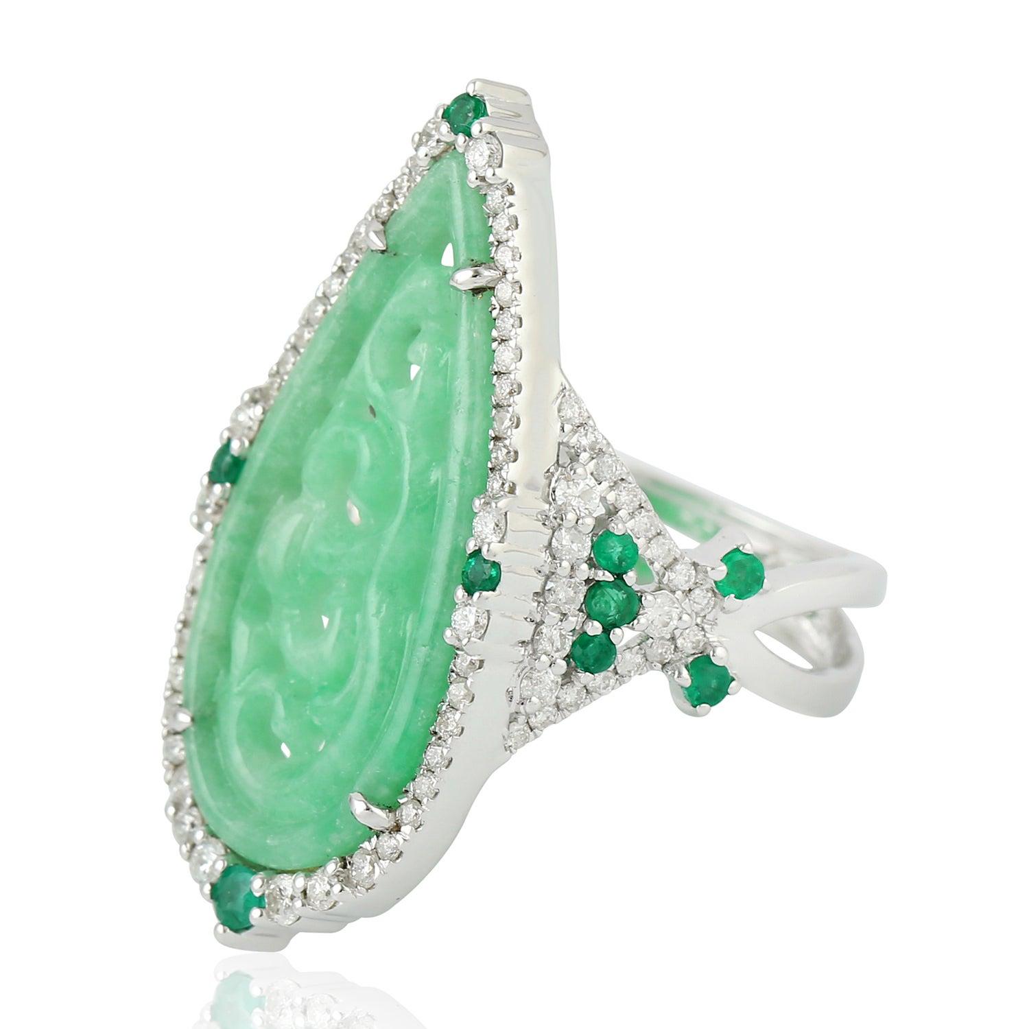 For Sale:  Carved Jade Emerald 18 Karat Gold Diamond Ring 2