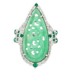 Carved Jade Emerald 18 Karat Gold Diamond Ring